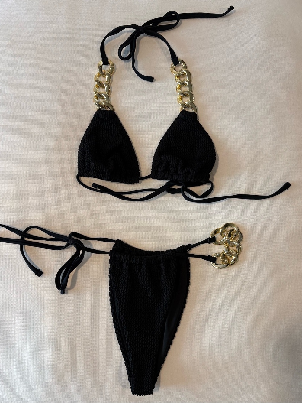Nasty Gal Black Textured Bikini Set with Gold Chain Details